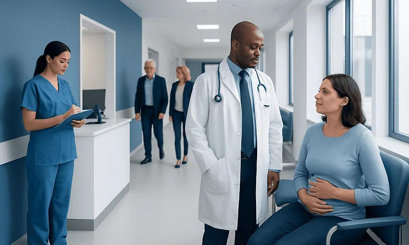 Doctor consulting a patient in a hospital corridor with medical staff in background.