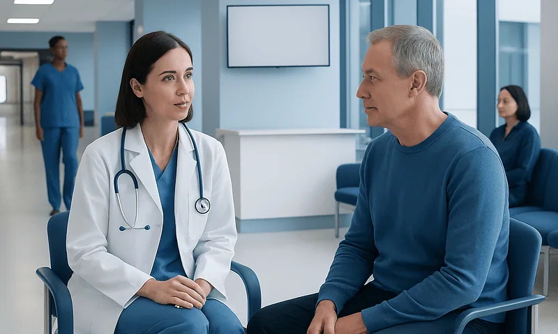 Doctor consulting with a patient in a modern hospital waiting area.