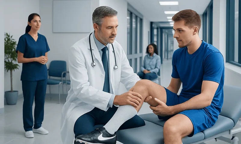 Doctor examining athlete's knee in a modern hospital setting.