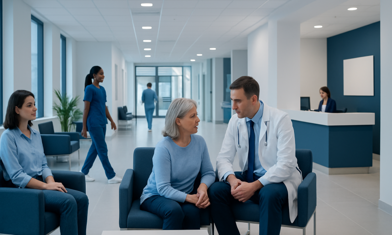 Doctor consulting with an elderly patient in a modern hospital lobby.