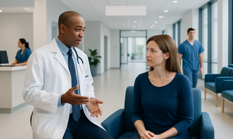 Doctor consulting a patient in a modern hospital lobby.