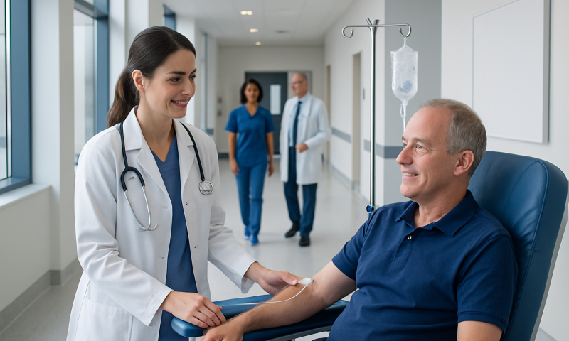 Doctor smiling at patient in hospital corridor with IV drip.