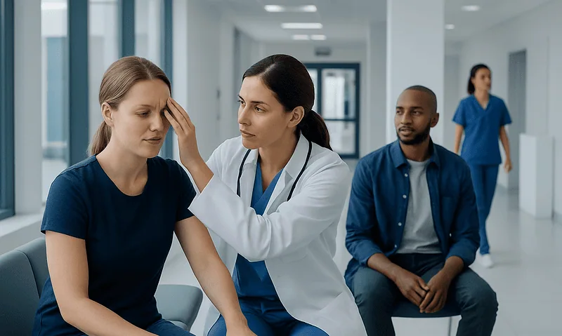 Doctor examines patient's eye in a hospital corridor.