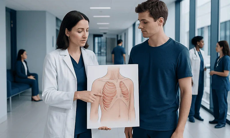 Doctor explains rib cage anatomy to a patient in a hospital corridor.