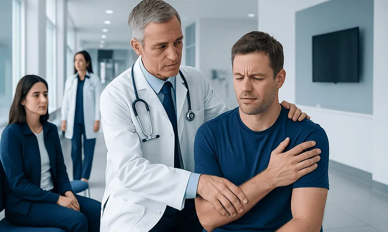 Doctor examining a young man's shoulder in a hospital setting.