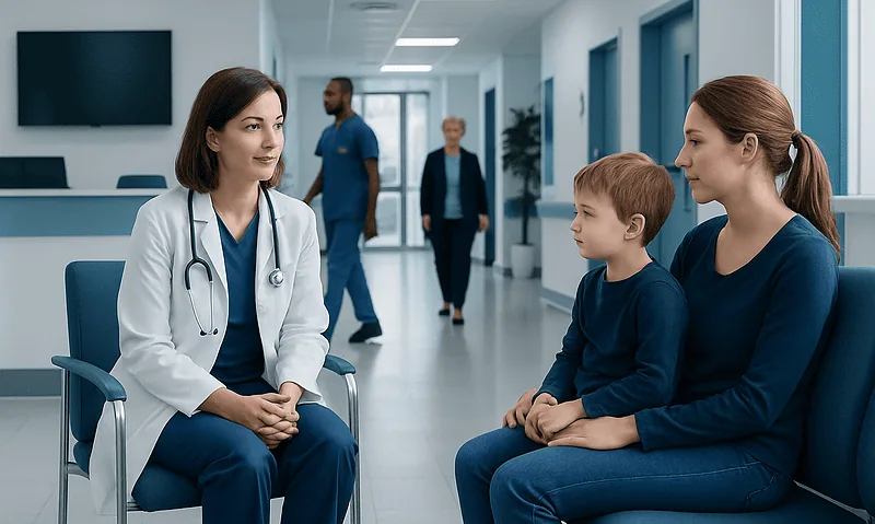 Doctor consulting young patient and mother in hospital corridor.