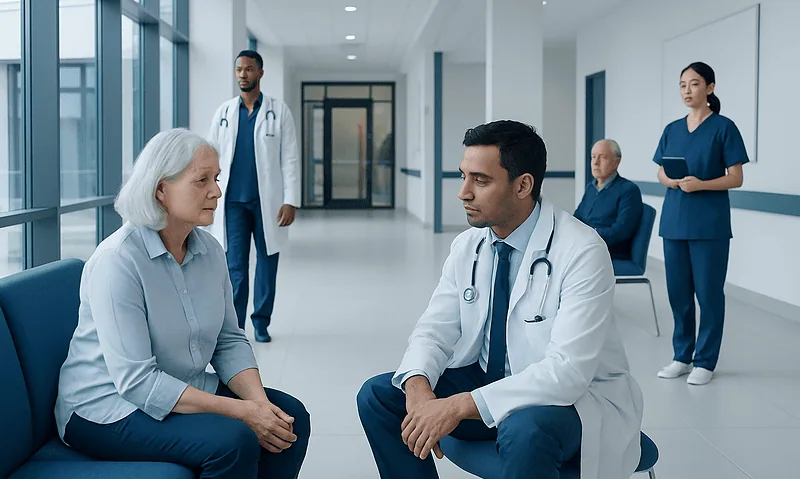 Doctor consulting with elderly patient in hospital corridor.
