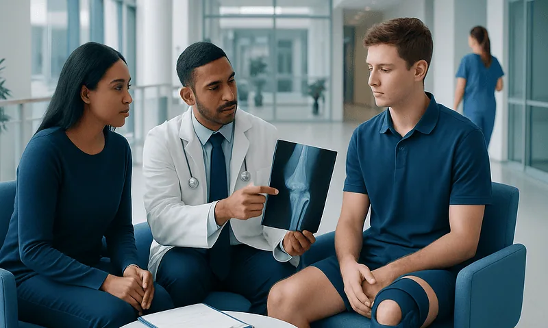 Doctor explaining X-ray to young male patient in hospital.