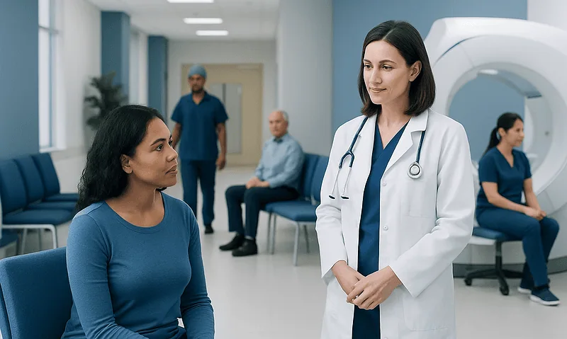 Doctor consulting a patient in a hospital corridor with medical staff in background.