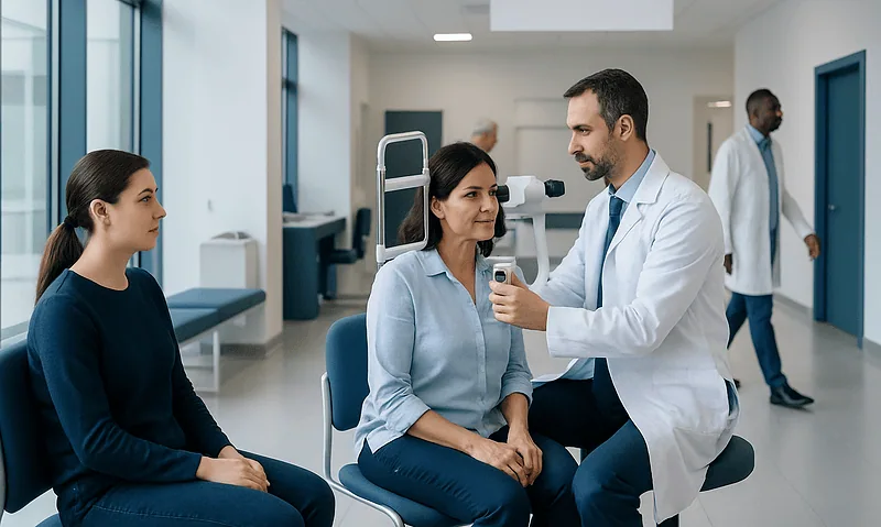 Ophthalmologist examining a woman's eye with a slit lamp in a clinic.