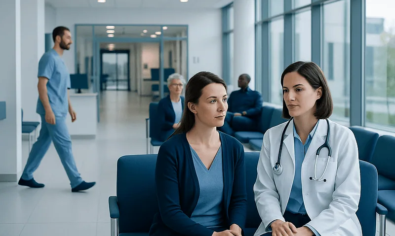 Doctors consulting in a modern hospital waiting area.