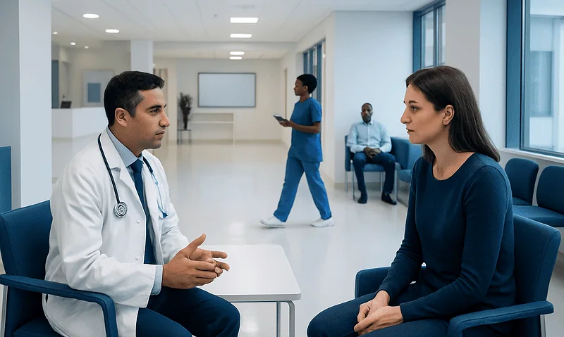 Doctor consulting a patient in a modern hospital waiting area.