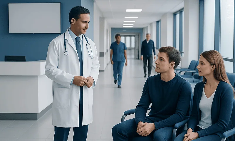 Doctor consulting with young male and female patients in hospital corridor.