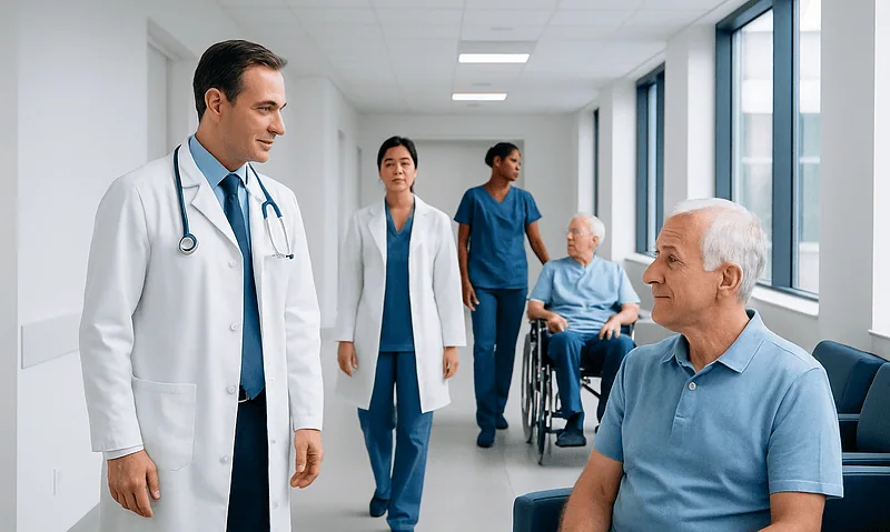 Medical team consulting elderly patient in hospital corridor.