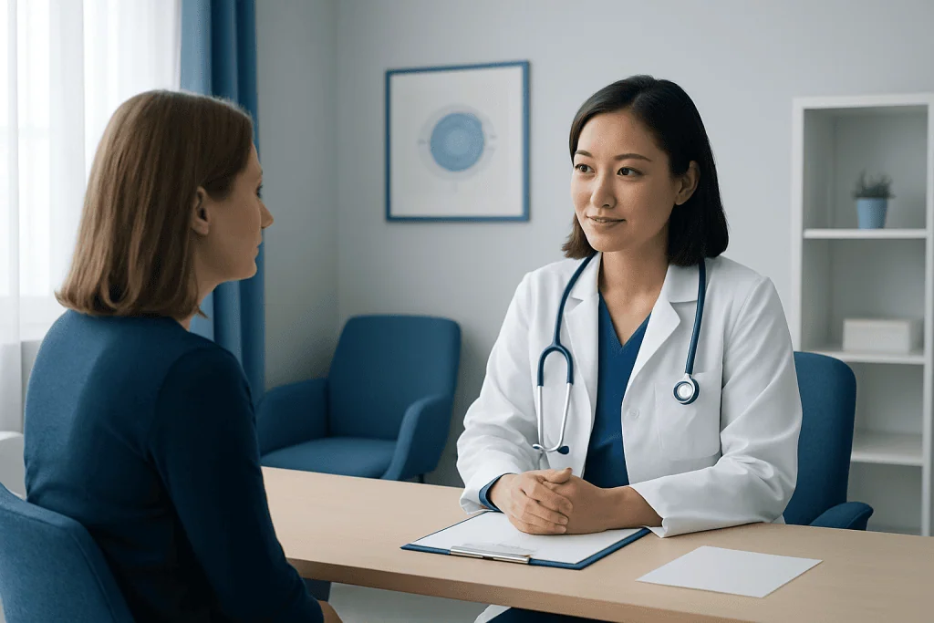 Doctor consulting with patient in a modern medical office.