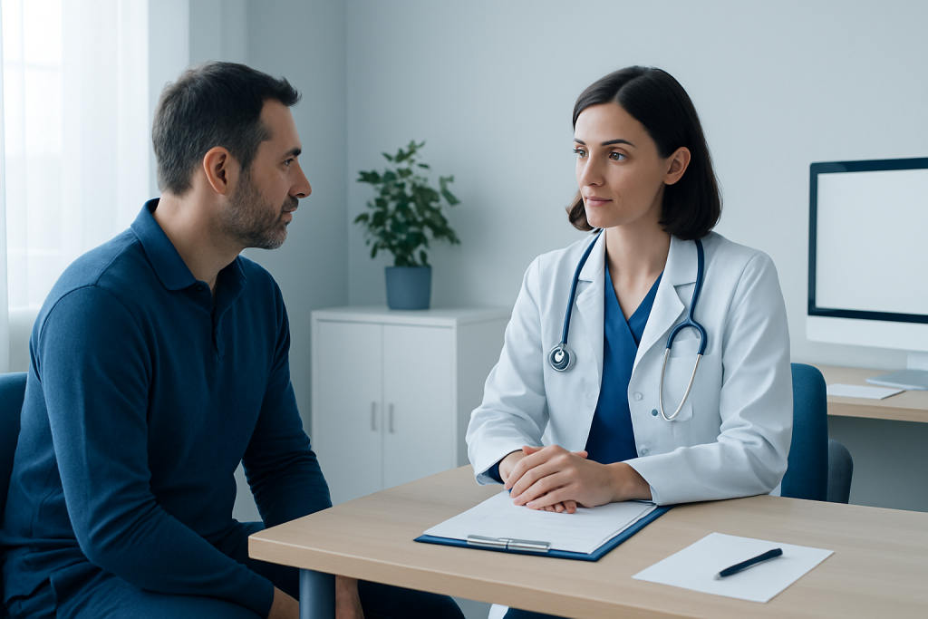 Doctor consulting with a patient in a medical office setting.