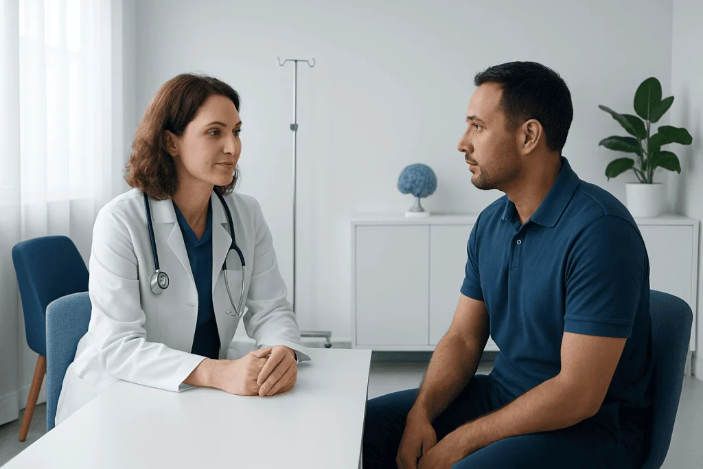 Doctor consulting with patient in a modern medical office.