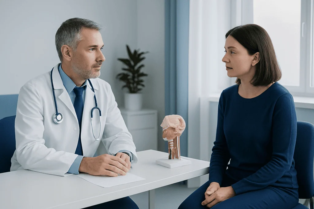 Doctor consulting with a female patient in a medical office.