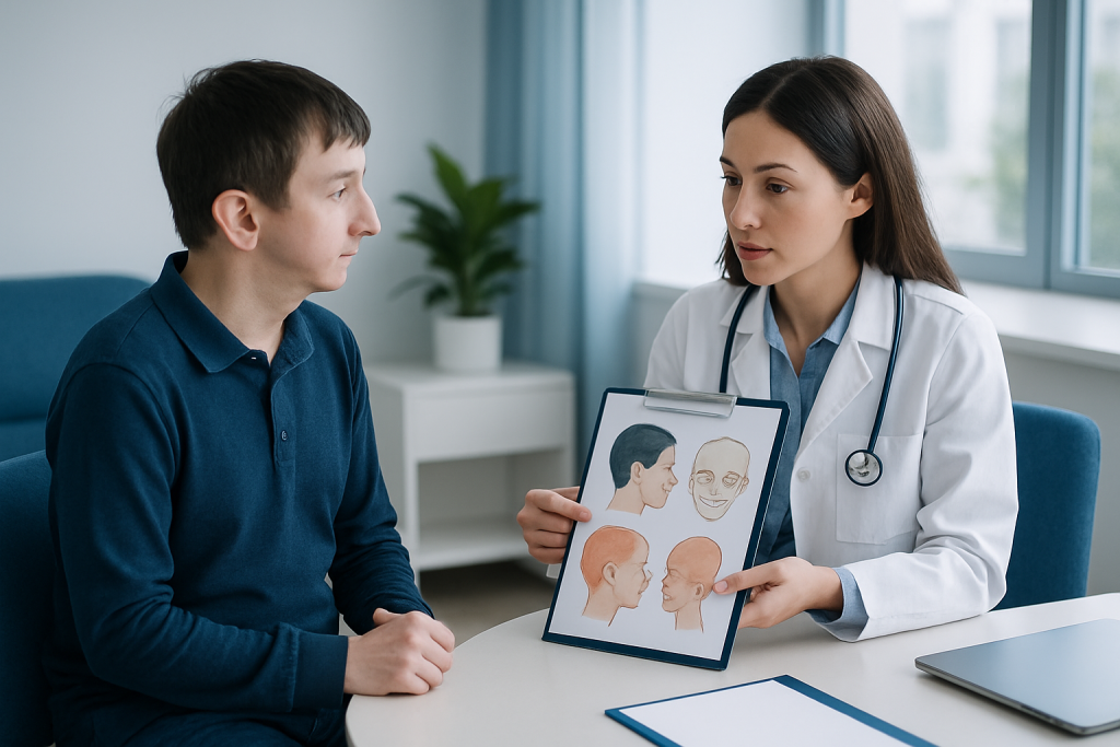 Doctor explaining Treacher Collins syndrome treatment options to a patient.