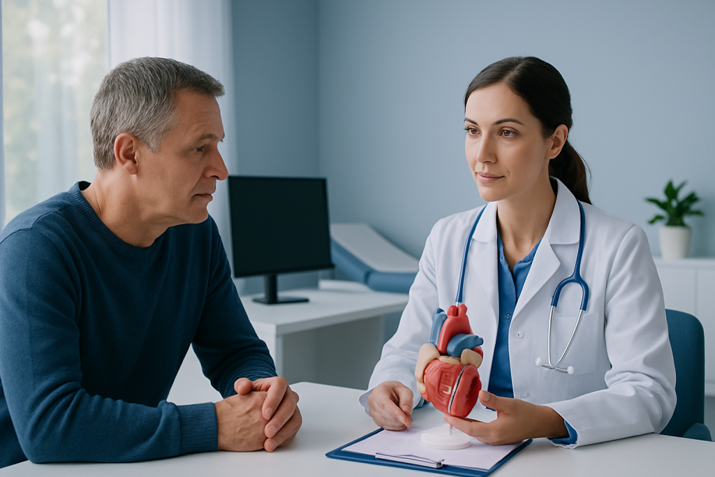 Cardiologist explaining heart anatomy to patient in consultation room.