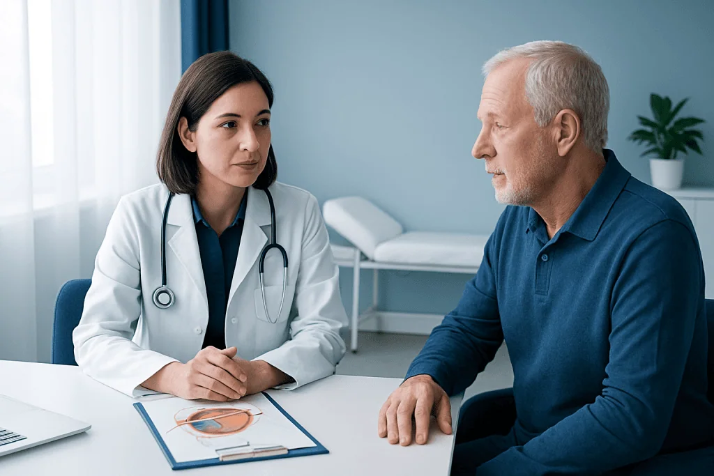 Doctor consulting with an elderly male patient in a medical office.