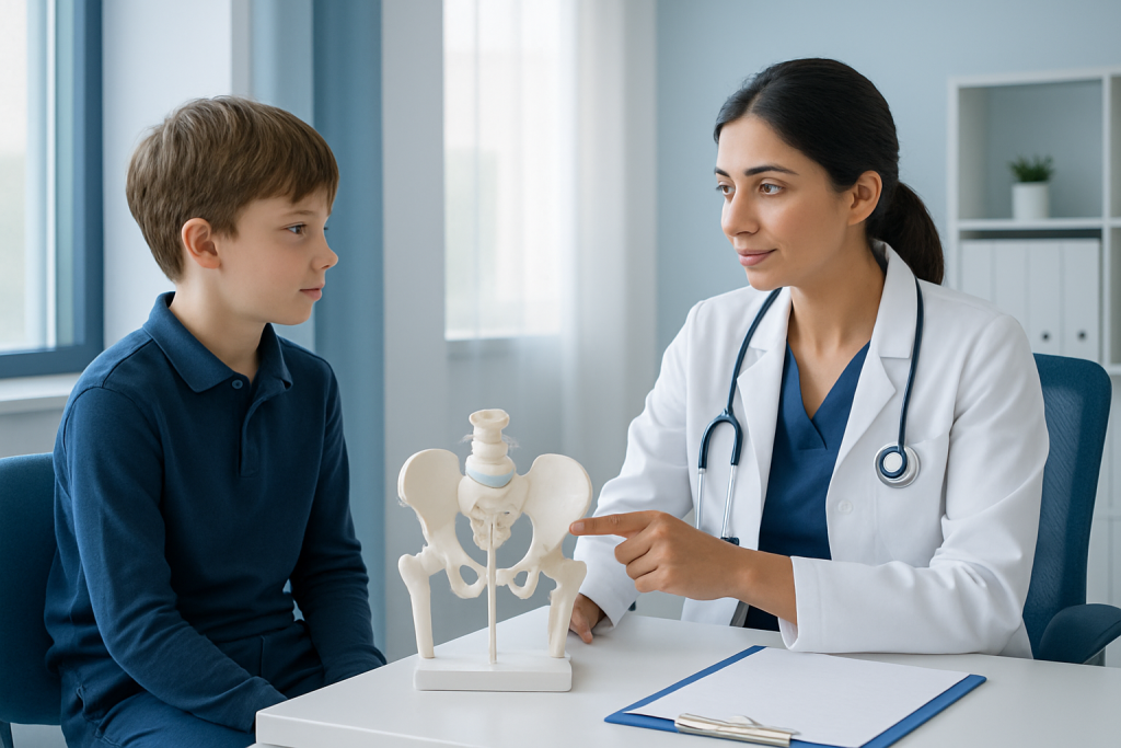 Pediatric consultation with doctor explaining hip anatomy to a young boy.