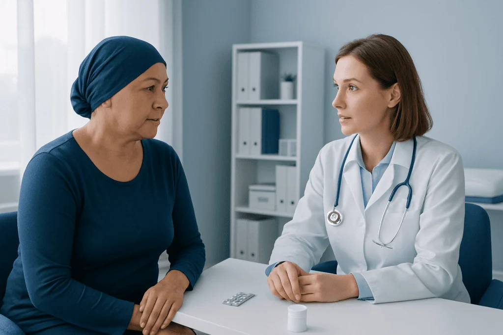 Oncologist consulting with a patient in a medical office setting.
