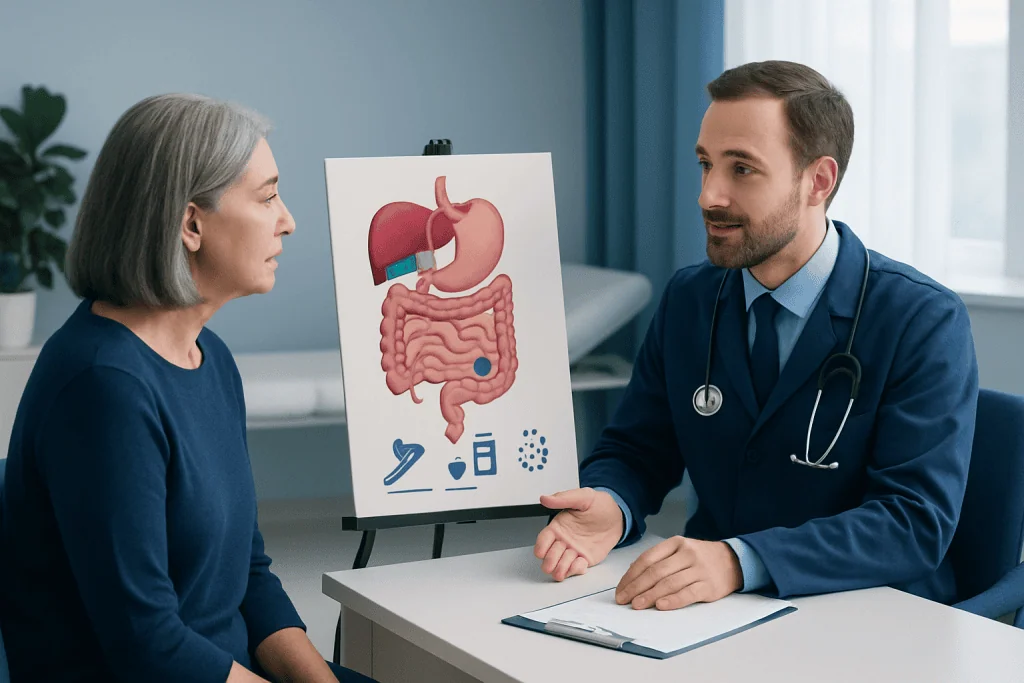 Doctor explaining gastrointestinal anatomy to a patient in a consultation room.
