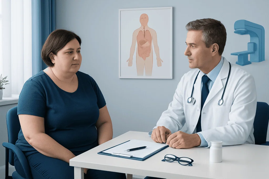 Doctor consulting with a patient about Cushing syndrome in a medical office.