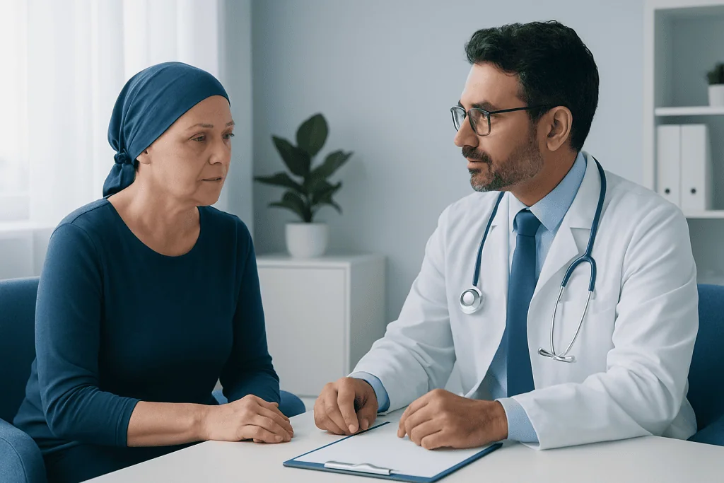Doctor consulting with a female patient in a medical office.