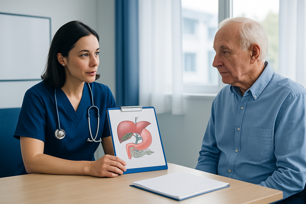 Doctor explaining stomach diagram to elderly patient in consultation room.