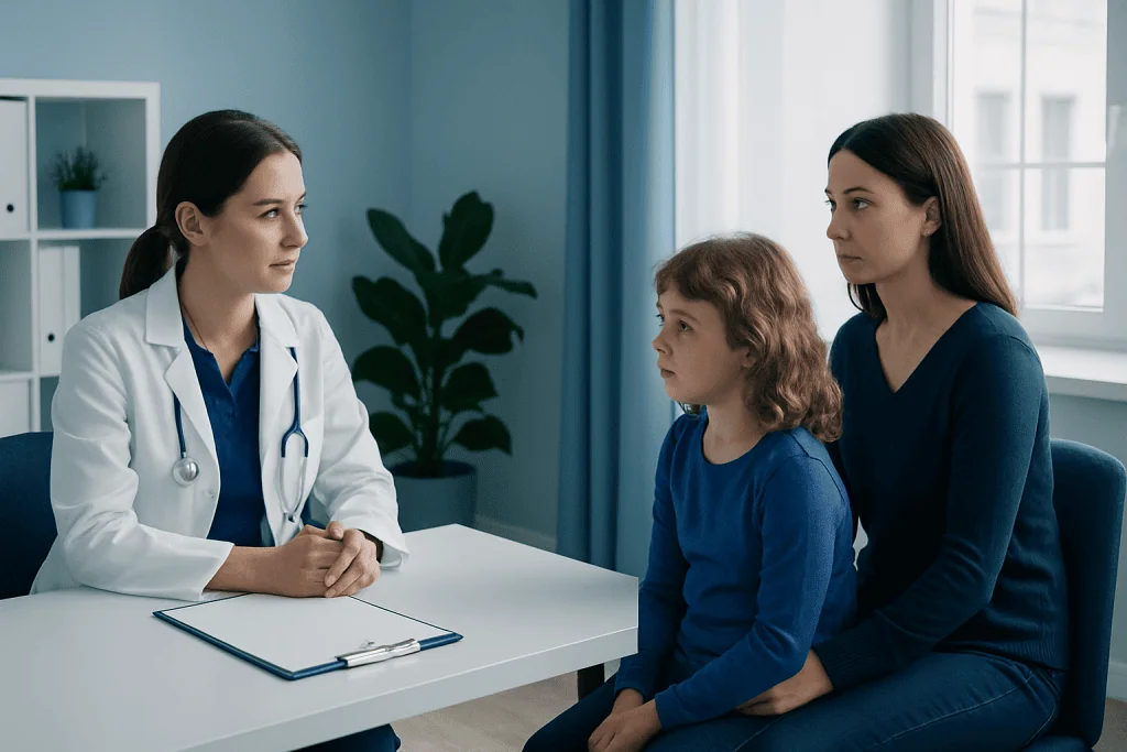 Doctor consulting with a young girl and her mother in a medical office.