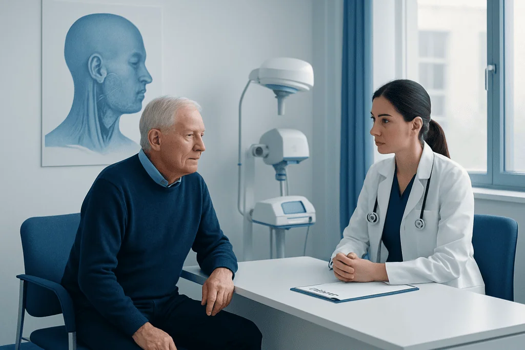Doctor consulting with elderly patient in a medical office.