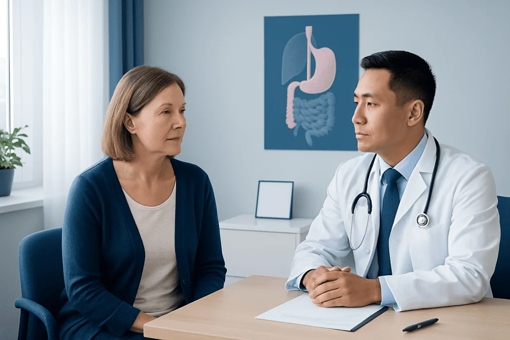 Doctor consulting with a female patient in a medical office.