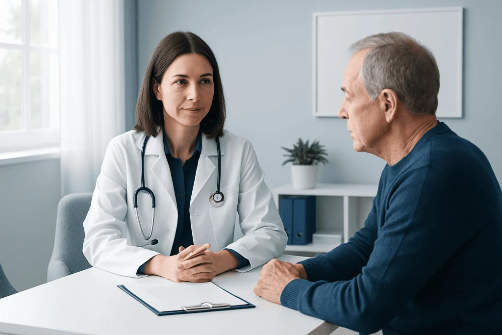 Doctor consulting with an elderly patient in a medical office.