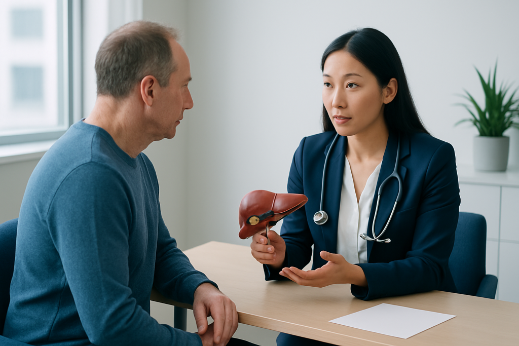 Doctor explaining liver health to a patient in a consultation room.