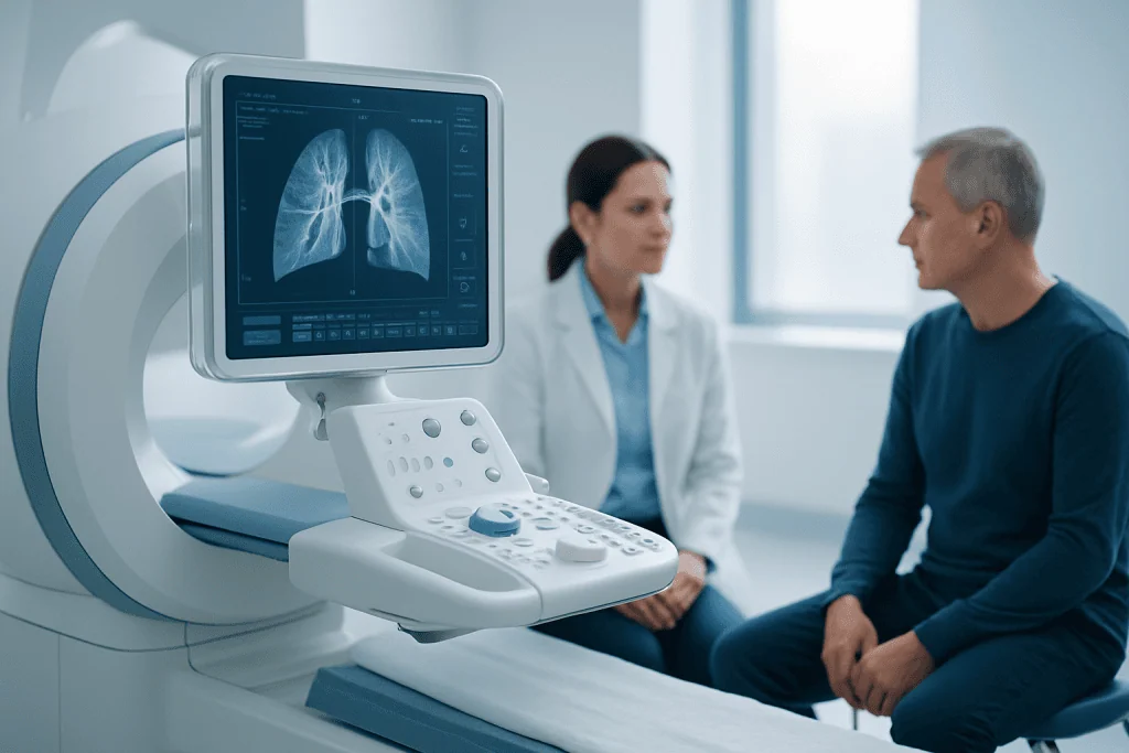 Medical professional explains lung scan results to patient in hospital.