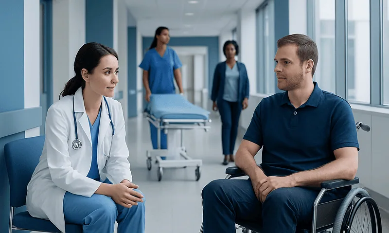 Doctor consulting patient in hospital corridor with medical staff in background.