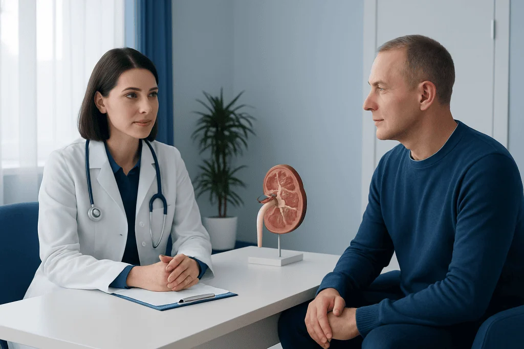 Doctor consulting with patient about kidney health and treatment options.