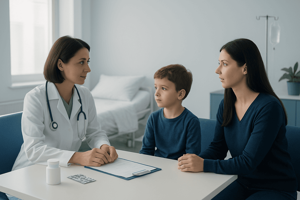 Doctor consulting with a mother and child in a hospital setting.