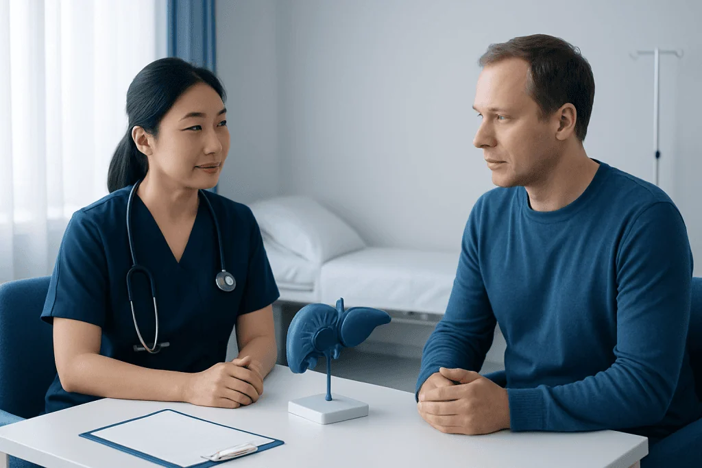Doctor consulting with a male patient in a hospital room.