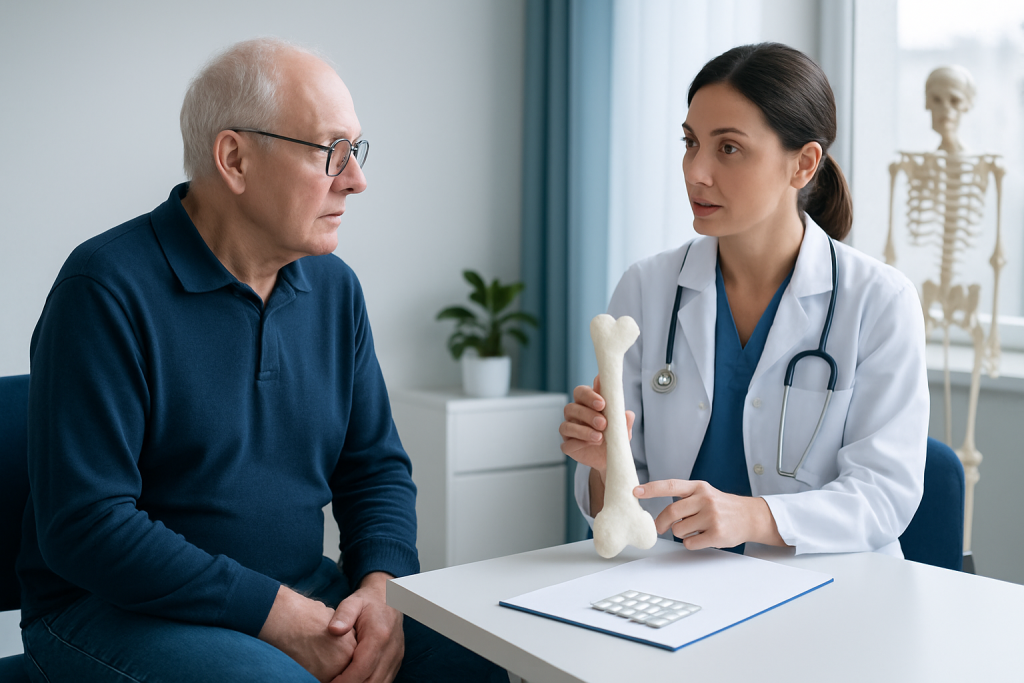 Doctor explaining bone health to elderly patient with bone model in clinic.