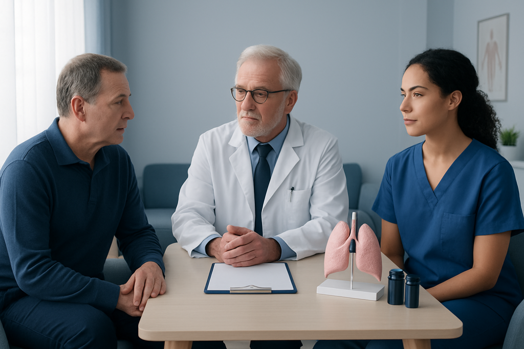 Doctor consulting with patient and nurse in a medical office.