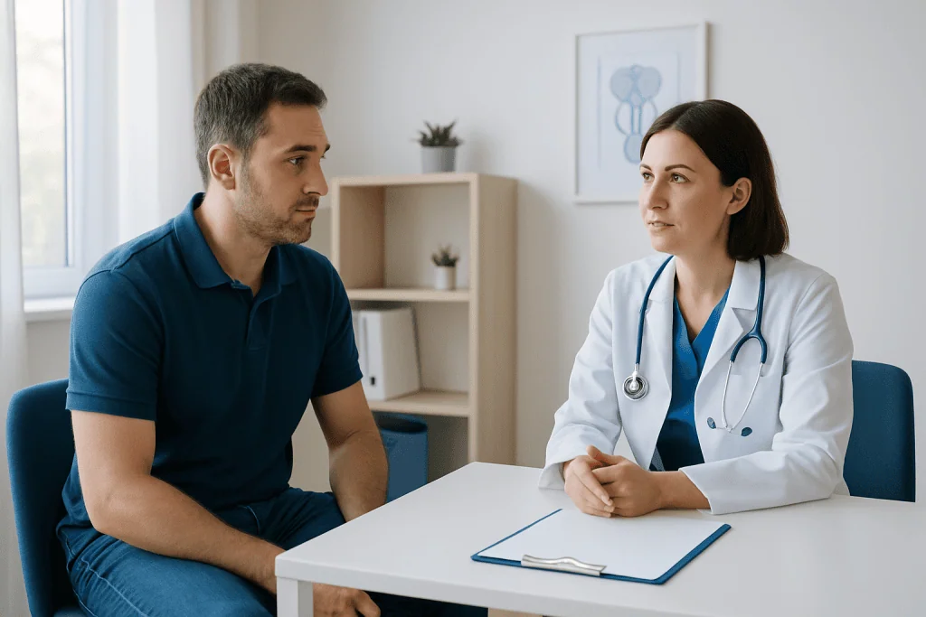 Doctor consulting with male patient in a medical office.