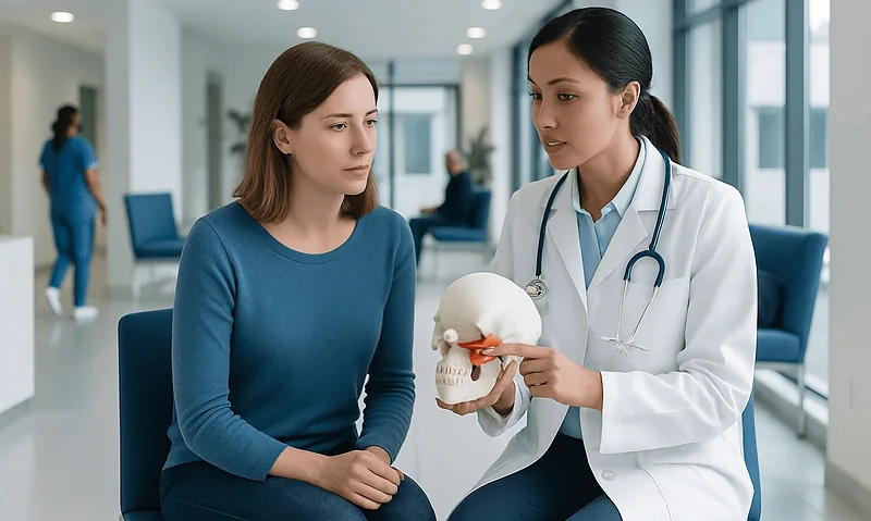 Doctor explaining TMJ dysfunction to patient with skull model in clinic.