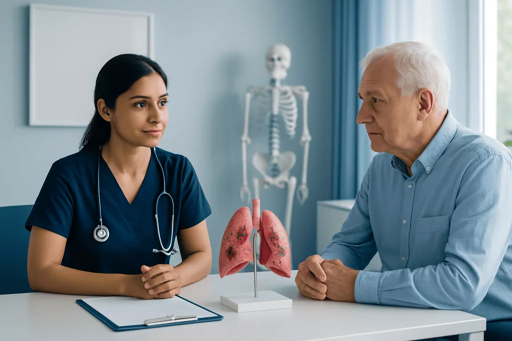 Doctor and patient discussing lung health with anatomical model in clinic.