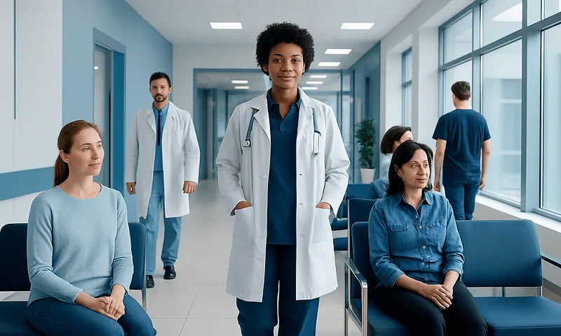 Diverse medical team in hospital corridor at Acibadem Hospitals Group.