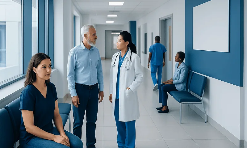 Medical professionals and patients in a hospital corridor at Acibadem Hospitals Group.