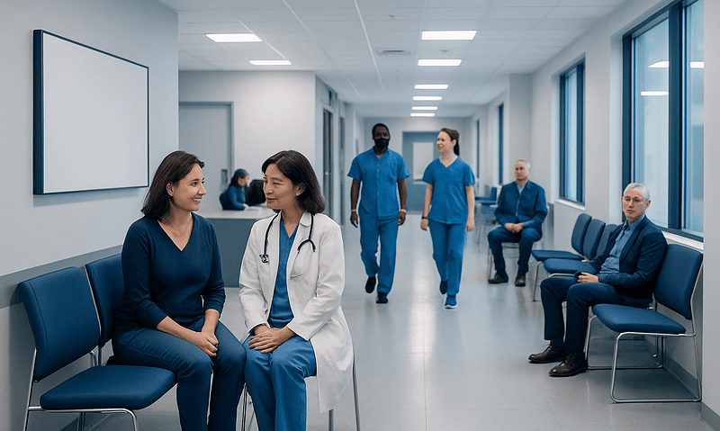 Medical professionals and patients in a hospital corridor at Acibadem Hospitals Group.