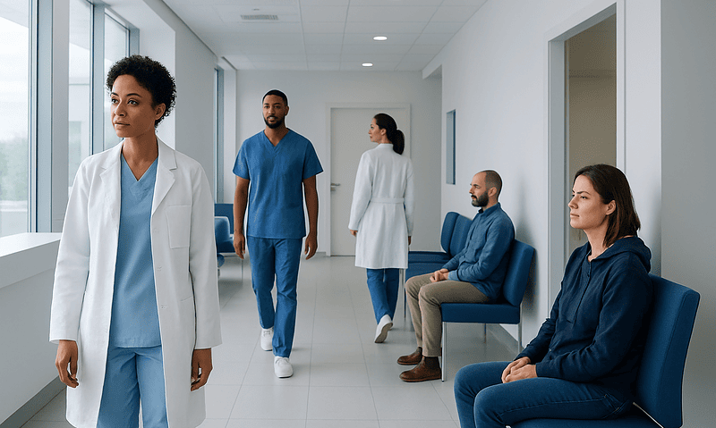 Health Library 15 Healthcare professionals waiting in a hospital corridor at Acibadem Hospitals Group.